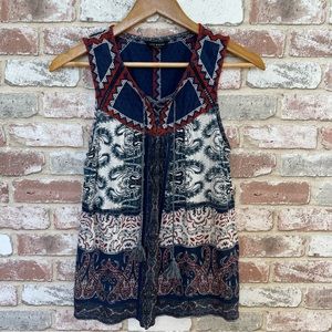 Lucky Brand Sleeveless Top | Size S/P  | Tie Tassels | Blue Pattern Boho